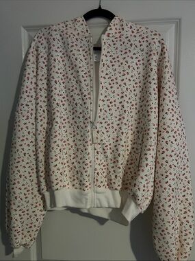 Floral Print Zip-Up Hoodie Jacket - White with Red Floral